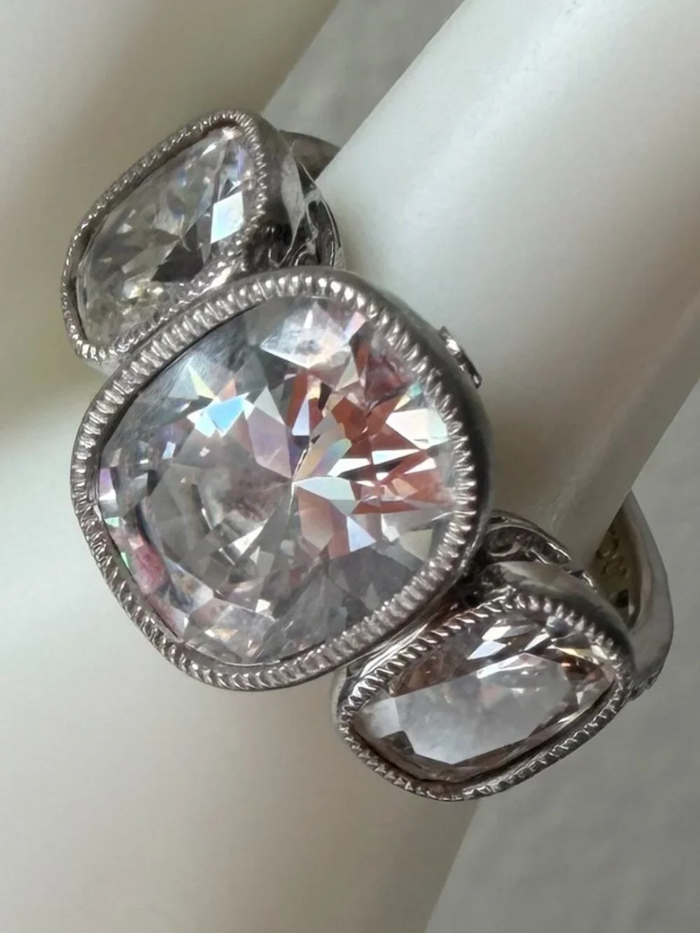 Vintage Jean Dousset Heirloom 925 CZ 3-Stone Mill-grain Cushion Cut Ring - Picture 5 of 17